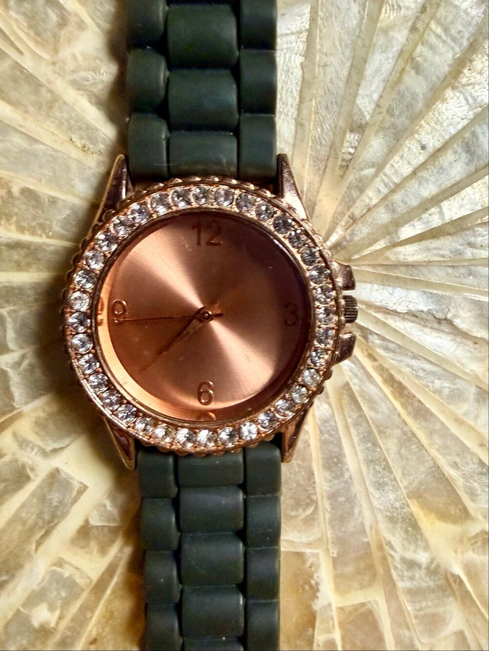 Rose Gold Crystal Bezel Watch Forest Green Silicone Band NWOT